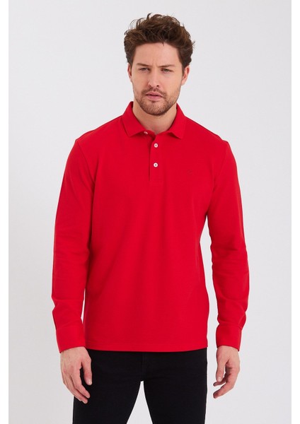 Erkek Polo Yaka Comfort Uzun Kollu Basic Vişne Tişört
