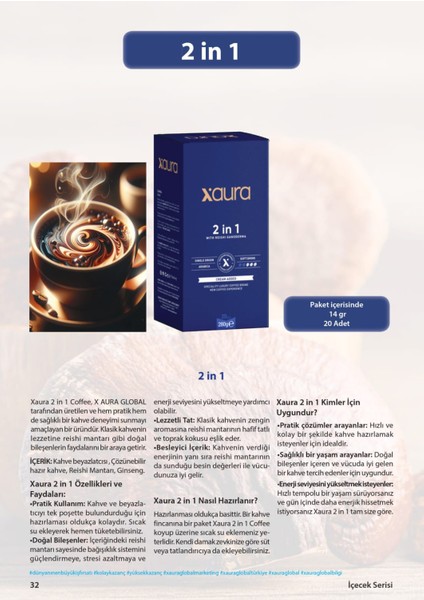 2 In 1 Coffee - Reishi Mantarı Ganiderma Özlü 14 gr * 20 Adet Antioksidan Etki