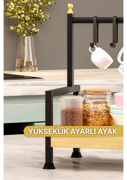 Masaüstü Mutfak Rafı Düzenleyici Kahve Fincanı Kupa Bardak Askısı 6 Kancalı Ahşap Raf Organizer