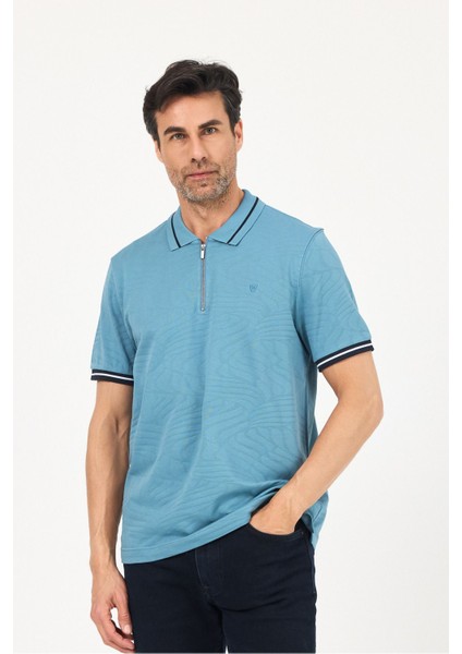 Erkek Basic Jakar Dokulu Bej Fermuarlı Polo Yaka Kıvrılmaz %100 Pamuk Slim Fit Tişört