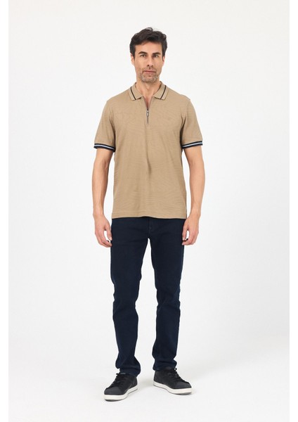 Erkek Basic Jakar Dokulu Bej Fermuarlı Polo Yaka Kıvrılmaz %100 Pamuk Slim Fit Tişört fiyatları