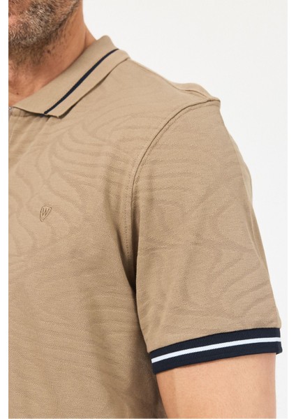 Erkek Basic Jakar Dokulu Bej Fermuarlı Polo Yaka Kıvrılmaz %100 Pamuk Slim Fit Tişört indirimleri