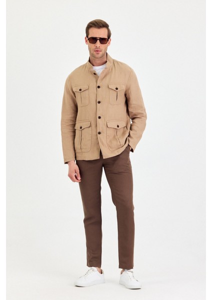 Erkek Kahverengi %100 Keten Kaşındırmaz Yazlık Çok Cepli Ceket