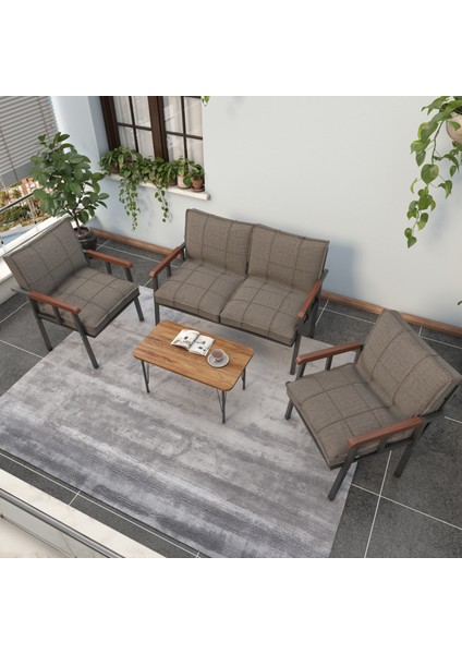 Modern Serisi Balkon, Bahçe, Cafe - Metal Kanepe Koltuk Takımı - 2+1+1 Sehpalı - Cappucino