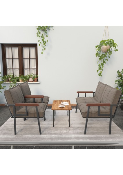 Modern Serisi Balkon, Bahçe, Cafe - Metal Kanepe Koltuk Takımı - 2+1+1 Sehpalı - Cappucino