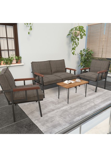 Modern Serisi Balkon, Bahçe, Cafe - Metal Kanepe Koltuk Takımı - 2+1+1 Sehpalı - Cappucino