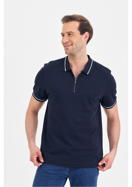 Erkek Basic Jakar Dokulu Bej Fermuarlı Polo Yaka Kıvrılmaz %100 Pamuk Slim Fit Tişört
