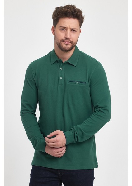 Erkek Uzun Basic Polo Yaka Cepli Düz Sarı Sweatshirt
