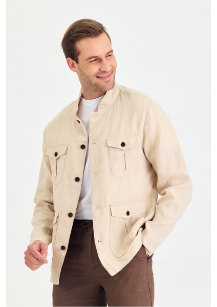 Erkek Kahverengi %100 Keten Kaşındırmaz Yazlık Çok Cepli Ceket