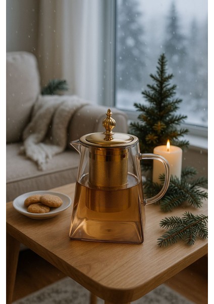 Borosilikat Cam Amber Metal Süzgeç ve Kapaklı Demlik Piramit 950 ml modelleri