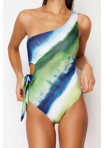 Kadın Moda Atma Kap Askılı Brief Yaka Çizgili Tek Omuz Bağlamalı High Leg Regular Mayo