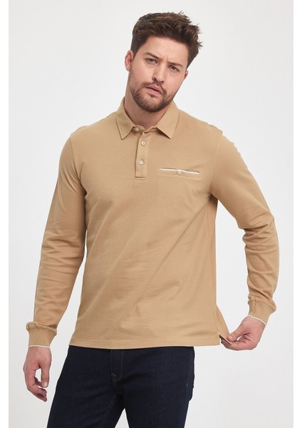 Erkek Uzun Basic Polo Yaka Cepli Düz Sarı Sweatshirt