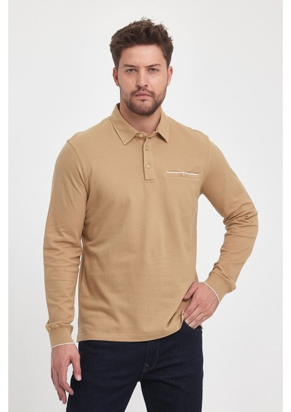 Erkek Uzun Basic Polo Yaka Cepli Düz Sarı Sweatshirt modelleri