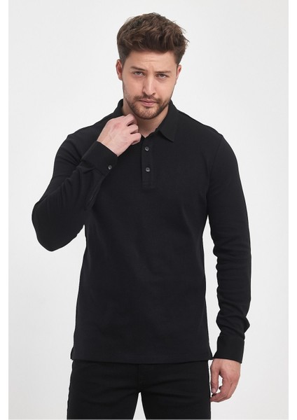 Erkek Basic Uzun Polo Yaka Bol Siyah Siyah Sweatshirt