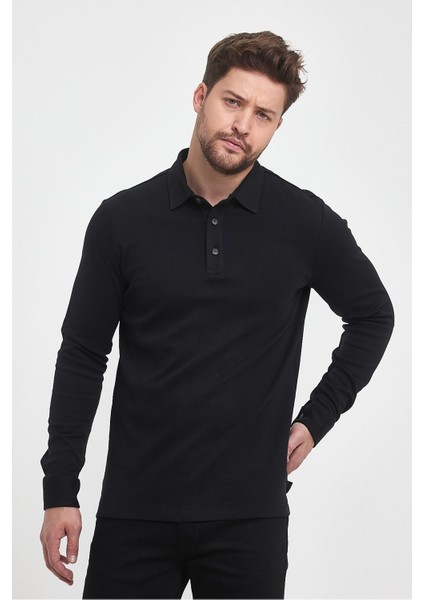 Erkek Basic Uzun Polo Yaka Bol Siyah Siyah Sweatshirt fırsatları