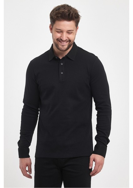 Erkek Basic Uzun Polo Yaka Bol Siyah Siyah Sweatshirt indirimleri