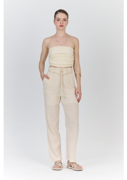 Natural %100 Pamuk Astarlı Yüksek Bel Bağlamalı Kemer Detaylı PANTOLON6941
