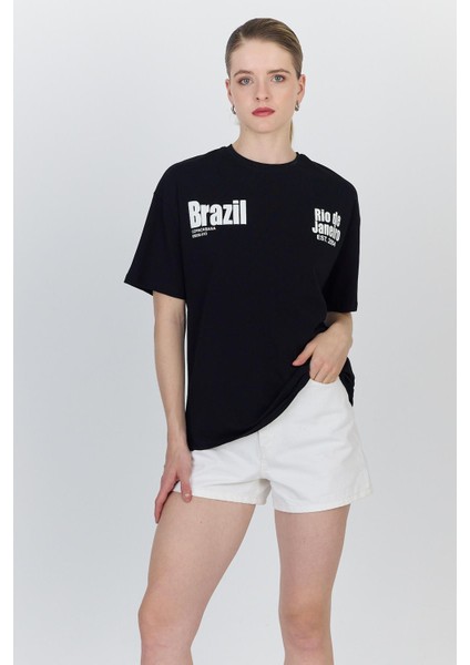 Siyah Yazı Baskılı %100 Pamuk Oversize Tişört 6403