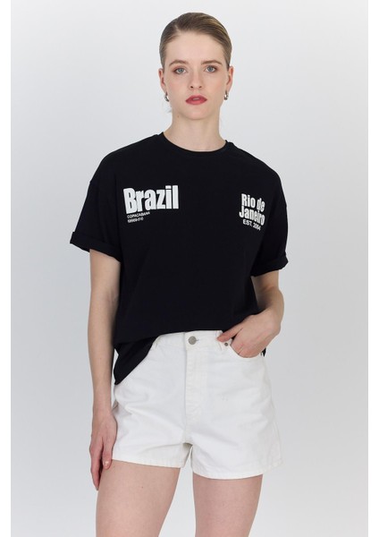 Siyah Yazı Baskılı %100 Pamuk Oversize Tişört 6403 fiyatları