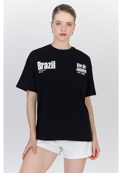 Siyah Yazı Baskılı %100 Pamuk Oversize Tişört 6403 modelleri