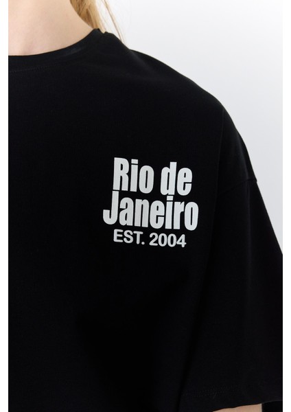 Siyah Yazı Baskılı %100 Pamuk Oversize Tişört 6403 fırsatları