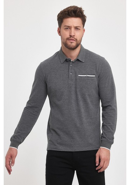Erkek Uzun Basic Polo Yaka Cepli Düz Sarı Sweatshirt