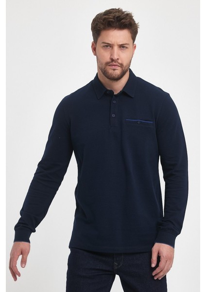 Erkek Uzun Basic Polo Yaka Cepli Düz Sarı Sweatshirt