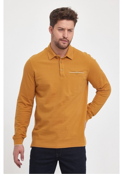 Erkek Uzun Basic Polo Yaka Cepli Düz Sarı Sweatshirt