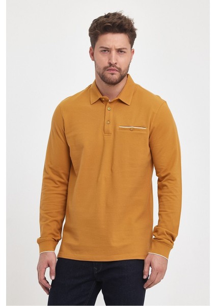 Erkek Uzun Basic Polo Yaka Cepli Düz Sarı Sweatshirt modelleri