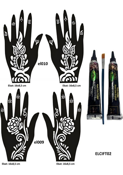 Güllü Desenler El Üstü Hint Kınasıyla Geçici Dövme Yapma Seti Siyah Renk