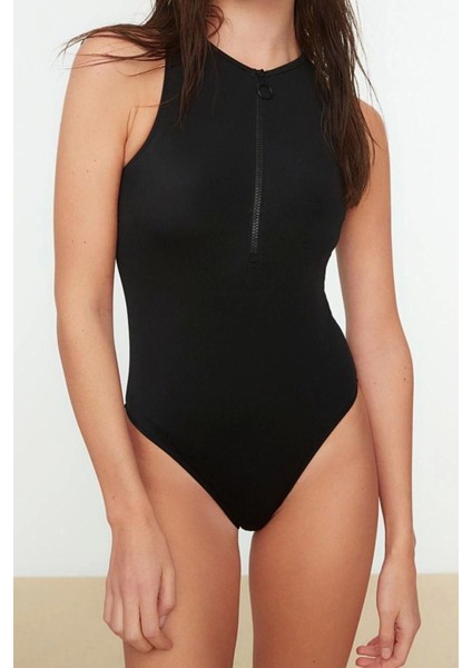 Kadın Moda Atma Kap Askılı Halter Yaka Siyah Halter Yaka Fermuarlı Hipster Mayo