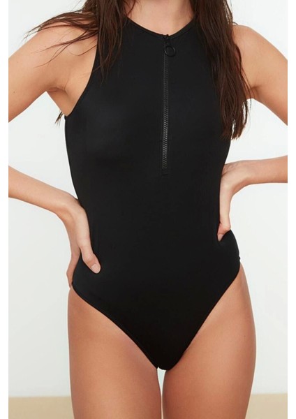 Kadın Moda Atma Kap Askılı Halter Yaka Siyah Halter Yaka Fermuarlı Hipster Mayo fiyatları