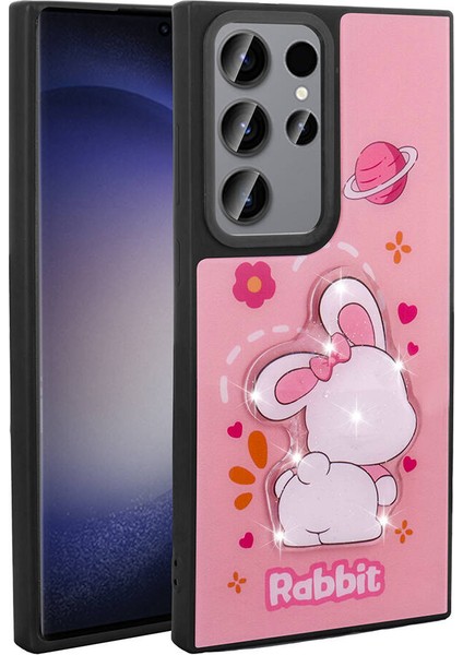 Galaxy S23 Ultra Kılıf Parlayan Kabartmalı Ikonik Figürlü F10T Amas Silikon Kapak-Pembe