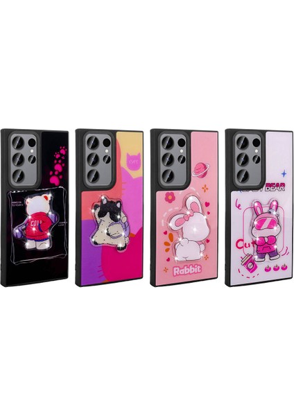 Galaxy S23 Ultra Kılıf Parlayan Kabartmalı Ikonik Figürlü F10T Amas Silikon Kapak-Pembe