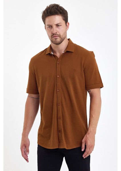 Erkek Polo Yaka Kısa Kollu Düğmeli Bol Bakır Gömlek
