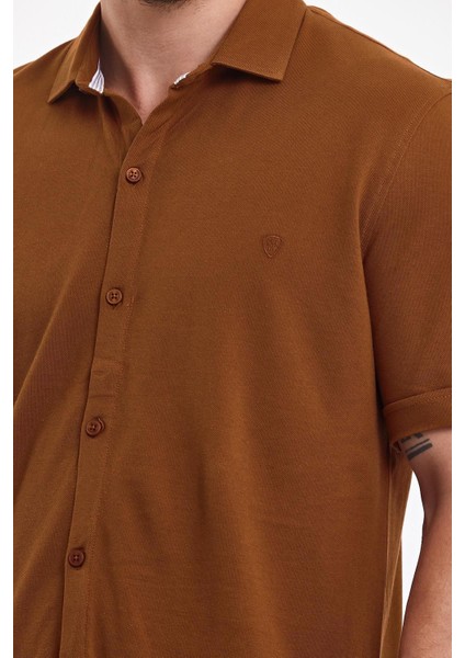 Erkek Polo Yaka Kısa Kollu Düğmeli Bol Bakır Gömlek modelleri