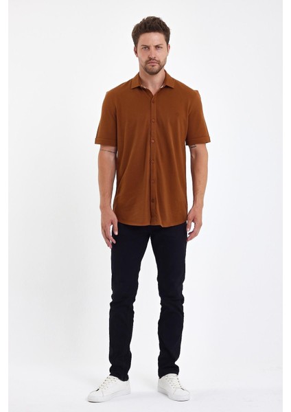 Erkek Polo Yaka Kısa Kollu Düğmeli Bol Bakır Gömlek fırsatları