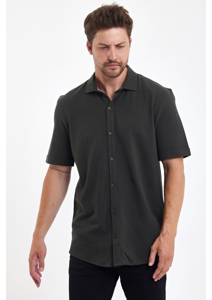 Erkek Polo Yaka Kısa Kollu Düğmeli Bol Bakır Gömlek