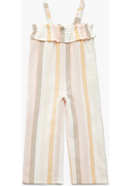 Fırfır Detaylı Kare Yaka Çizgili Askılı Tulum