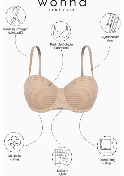 2512 Açık Kahve Push Up Dolgulu Çizgili Kumaş Straplez Sütyen