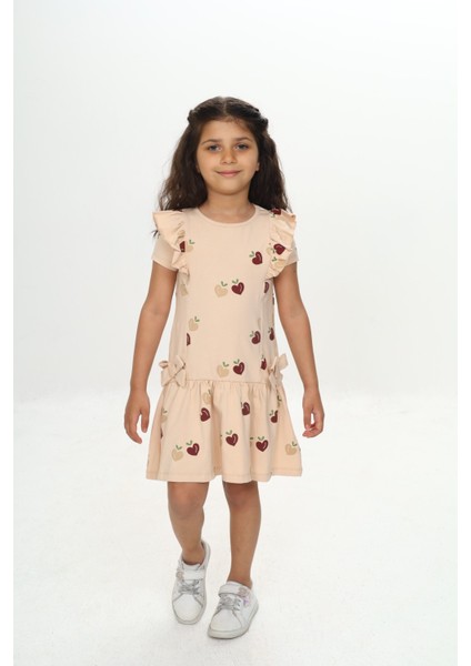 Kız Çocuk Fiyonklu Kalp Baskılı Elbise