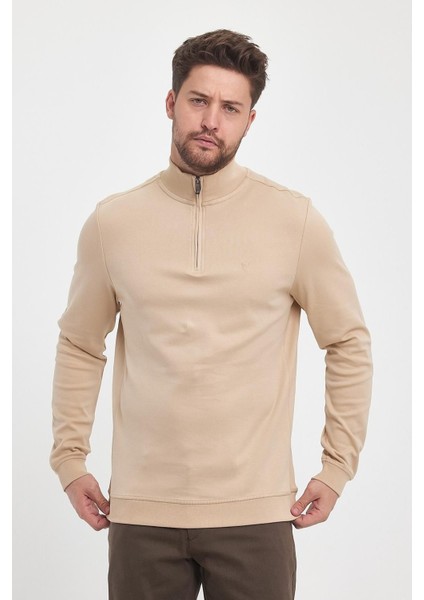 Erkek Kışlık Uzun Fermuarlı Dik Yaka Taş Sweatshirt