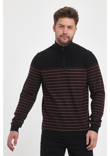 Erkek Uzun Kışlık Dik Yaka Fermuarlı Siyah Sweatshirt