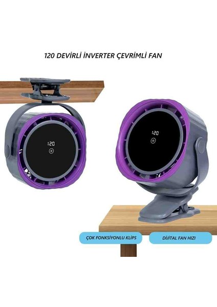 Masa Üstü,Araba,Ofis Klipsli Fan Vantilatör Şarj Edilebilir Dijital Hız Ve Şarj Göstergeli 3600mah