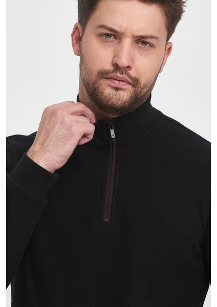 Erkek Uzun Kışlık Dik Yaka Fermuarlı Siyah Sweatshirt