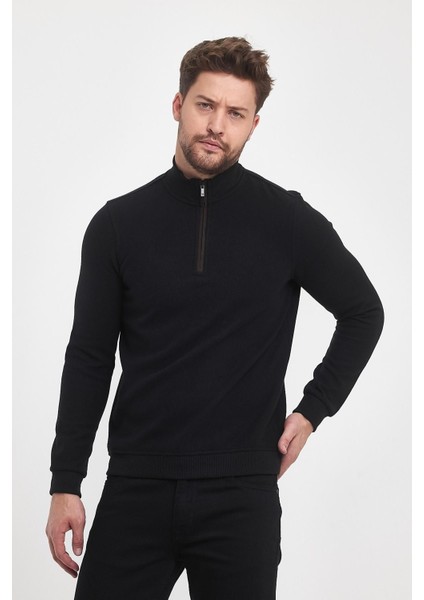 Erkek Uzun Kışlık Dik Yaka Fermuarlı Siyah Sweatshirt modelleri