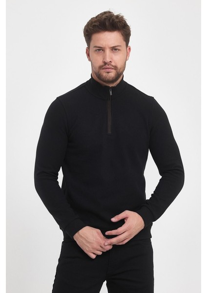 Erkek Uzun Kışlık Dik Yaka Fermuarlı Siyah Sweatshirt fırsatları