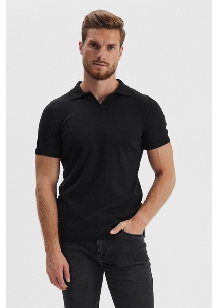 Erkek Uzun Polo Yaka Kısa Kollu Siyah Düz Triko Kazak