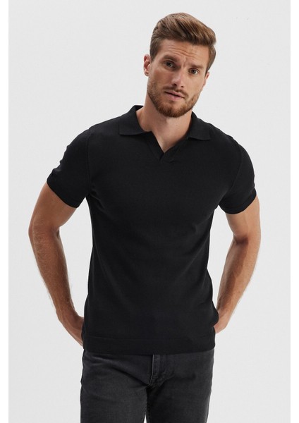 Erkek Uzun Polo Yaka Kısa Kollu Siyah Düz Triko Kazak fiyatları