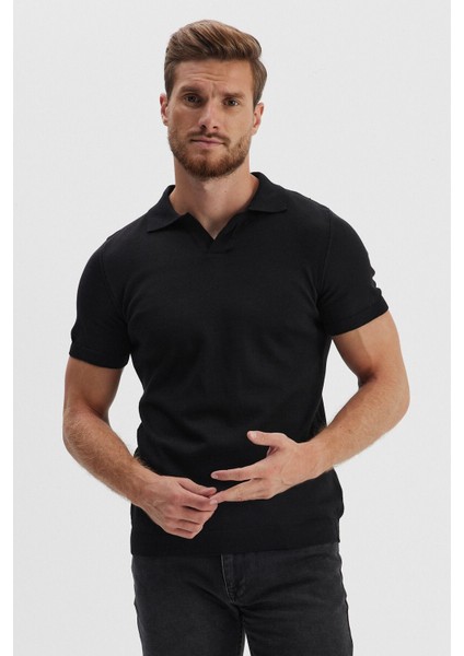 Erkek Uzun Polo Yaka Kısa Kollu Siyah Düz Triko Kazak fırsatları